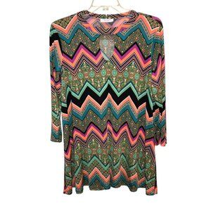 Janette Plus 2X Multicolor Geometric Retro Keyhole Long Sleeve Dress Tunic USA